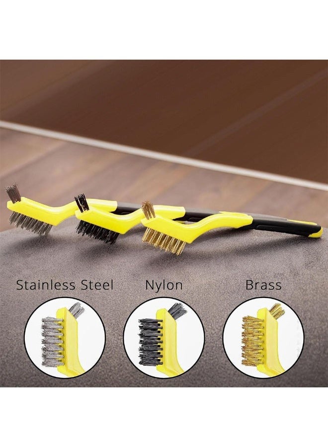 JZS Wire Brush Set,Nylon/Brass/Stainless Steel Bristles with Curved Handle Grip for Rust, Dirt & Paint Scrubbing with Deep Cleaning 18cm,Yellow,3Pcs - Image 3
